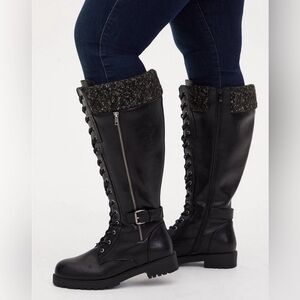 torrid Black Knee-High Lace-Up Combat Boots with Tweed Cuff